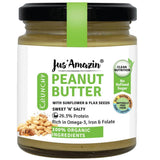 Buy Jus Amazin Crunchy Organic Peanut Butter With Flax and Sunflower Seeds (200g) | 28.6% Protein | online for the best price of Rs. 289 in India only on Vvegano