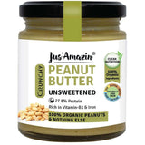 Buy Jus Amazin CRUNCHY Organic Peanut Butter - Unsweetened (200g)| 28% Protein |100% Organic Peanuts | online for the best price of Rs. 175 in India only on Vvegano